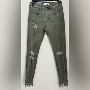 Distressed Olive Green Skinny Jeans with Frayed Hem